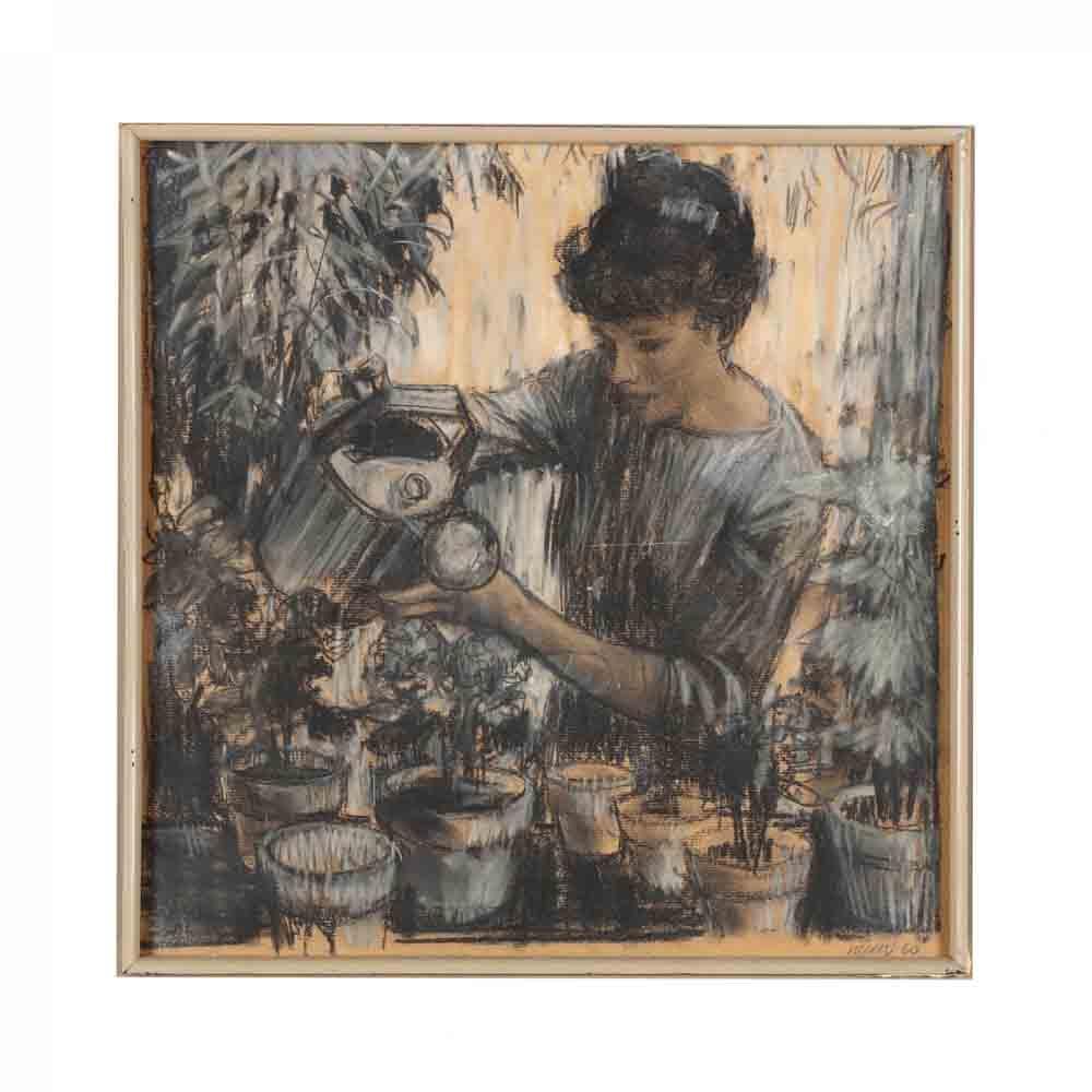 Don Neiser comparable auction result: don neiser 1918 2009 drawing of woman watering potted plants