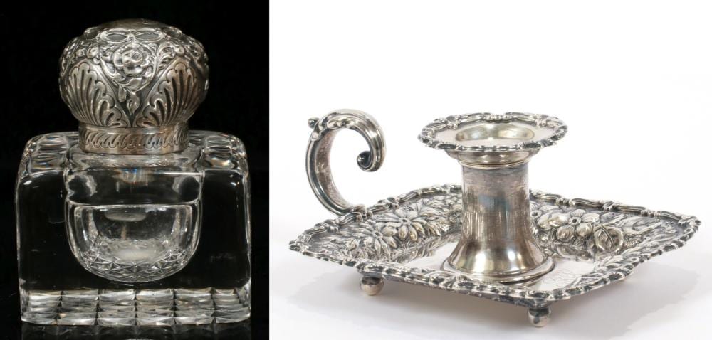 GORHAM STERLING CANDLESTICK + INKWELL, 2 PCS sold by DuMouchelles, lot 3031 — auction record photograph