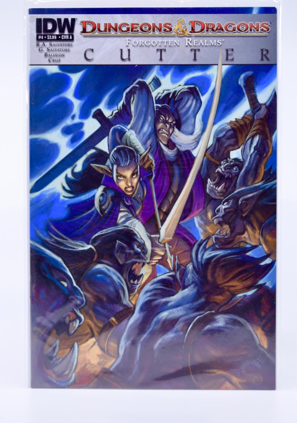 Cover of a Dungeons & Dragons: Forgotten Realms comic book featuring fantasy characters in blue and purple armor, including a staff-wielding warrior.