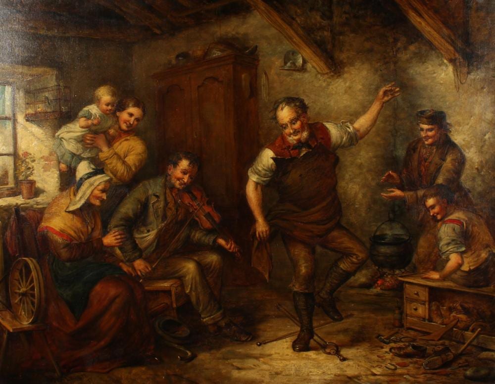 Alexander Leggett comparable auction result: alexander leggett 1828 1884 british the cobbler s dance a joyful interior scene oil on canvas signed and