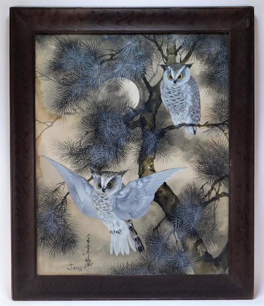 Toshio Aoki Japanese Nocturnal Moon Owl Painting sold by Bruneau & Co. Auctioneers, lot 61 — auction record photograph