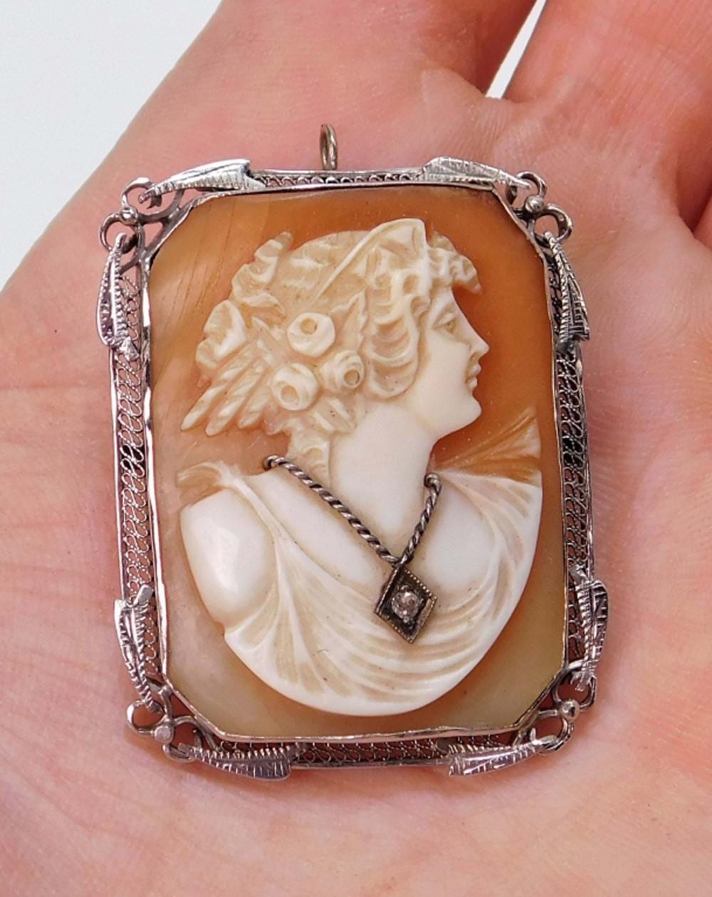 Close-up of an oval cameo brooch with a carved white profile figure set in a gold-toned frame, held in a person’s hand.