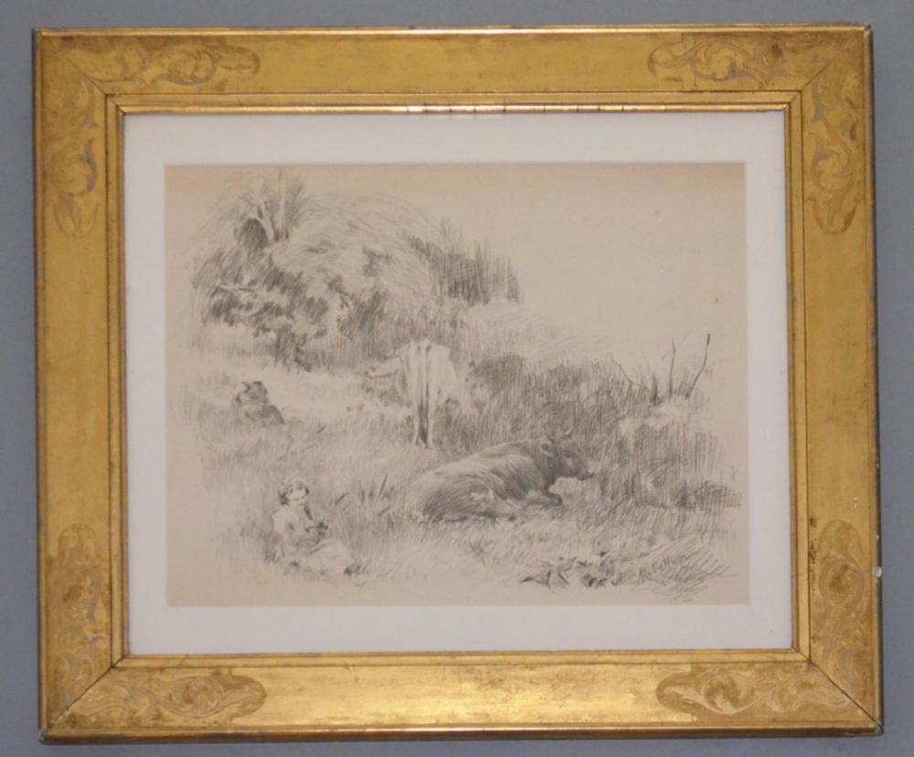 Andrew McCallum comparable auction result: pencil drawing of cows a girl signed maccallum