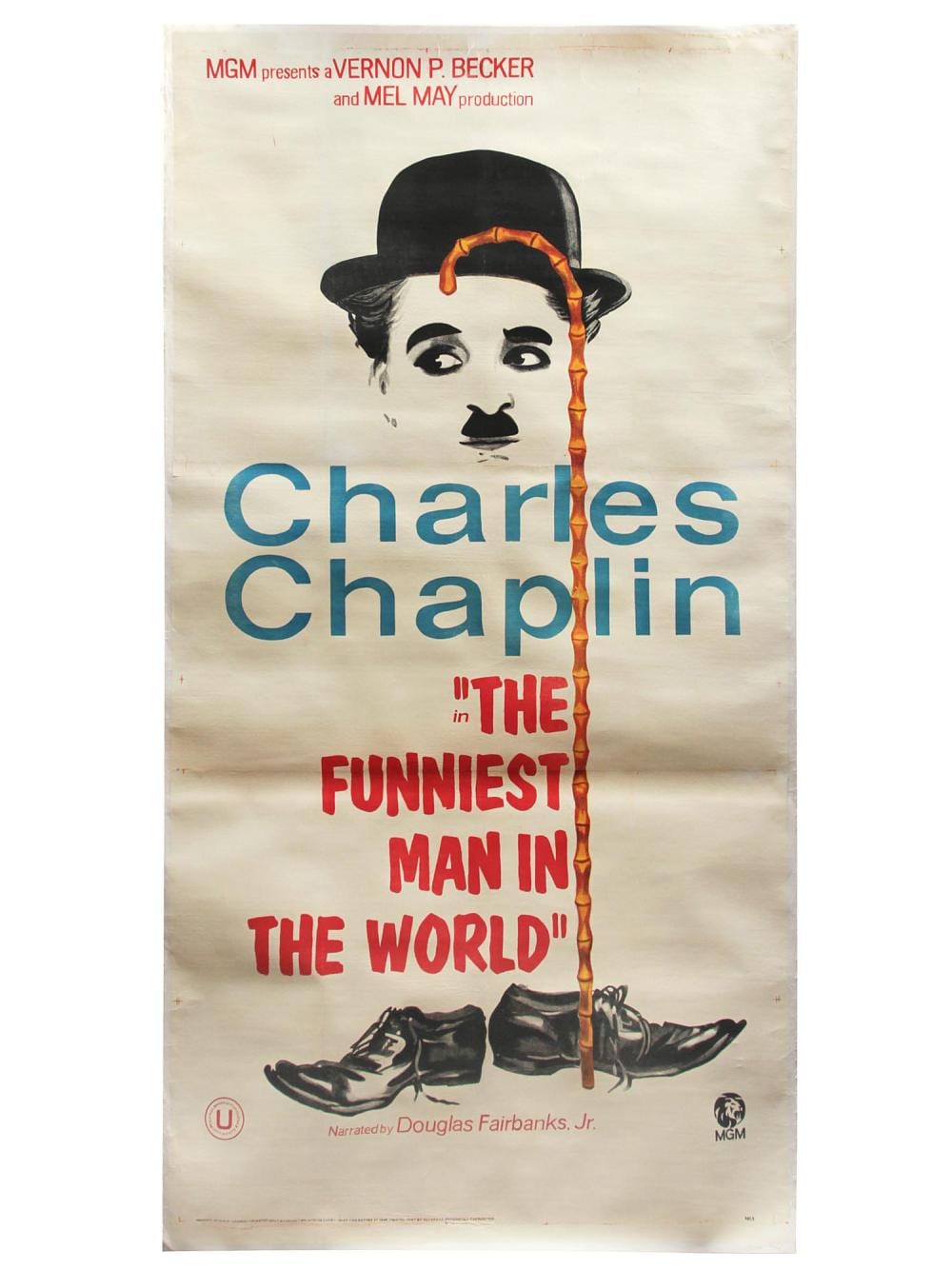 Vintage movie poster featuring the face of Charles Chaplin wearing a black hat and holding a cane, with the title “The Funnniest Man in the World.”
