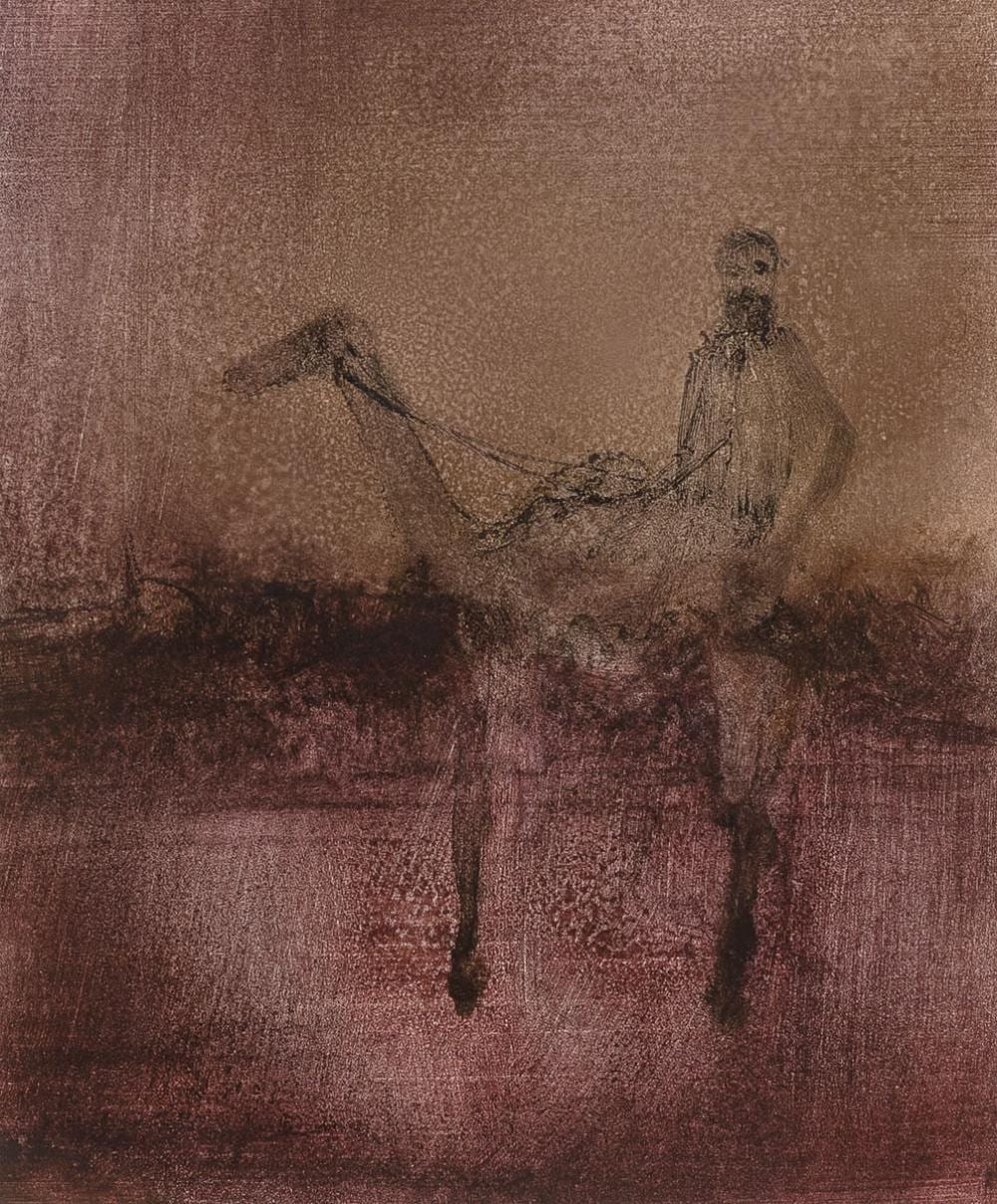 SIDNEY NOLAN 1917-1992 Burke on Camel (1963) gold paint and fabric dye on paper 30 x 25.5 cm sold by Smith & Singer, lot 30 — auction record photograph