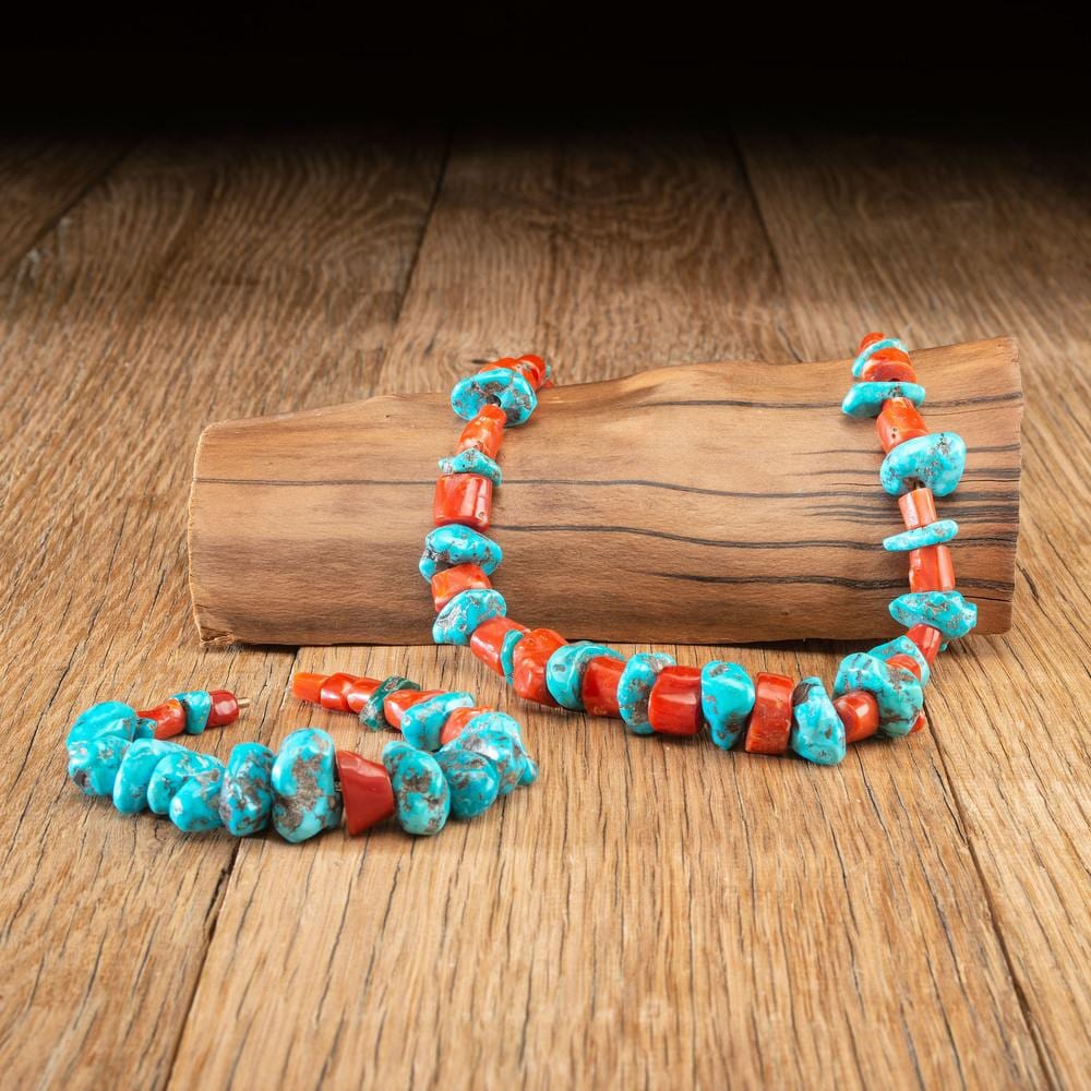 Leekya Deyuse comparable auction result: leekya deyuse zuni 1889 1966 chunky coral and turquoise nugget necklace and matching bracelet from the c g wallace collection