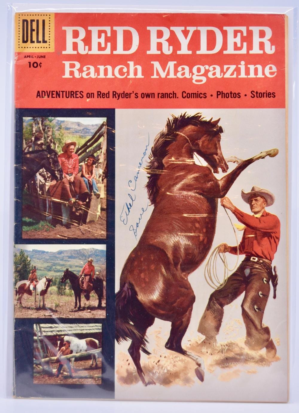 Front cover of a red comic magazine titled “Red Ryder Ranch Magazine” with a saddle horse illustration and cowboy figure, plus smaller photo panels.