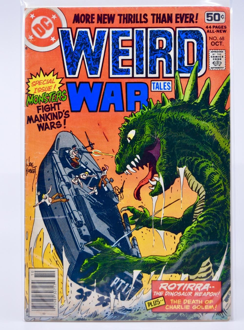 Front cover of a DC Comics Weird War Tales comic book, featuring a blue “WEIRD WAR TALES” title and a dinosaur-like monster battling soldiers.
