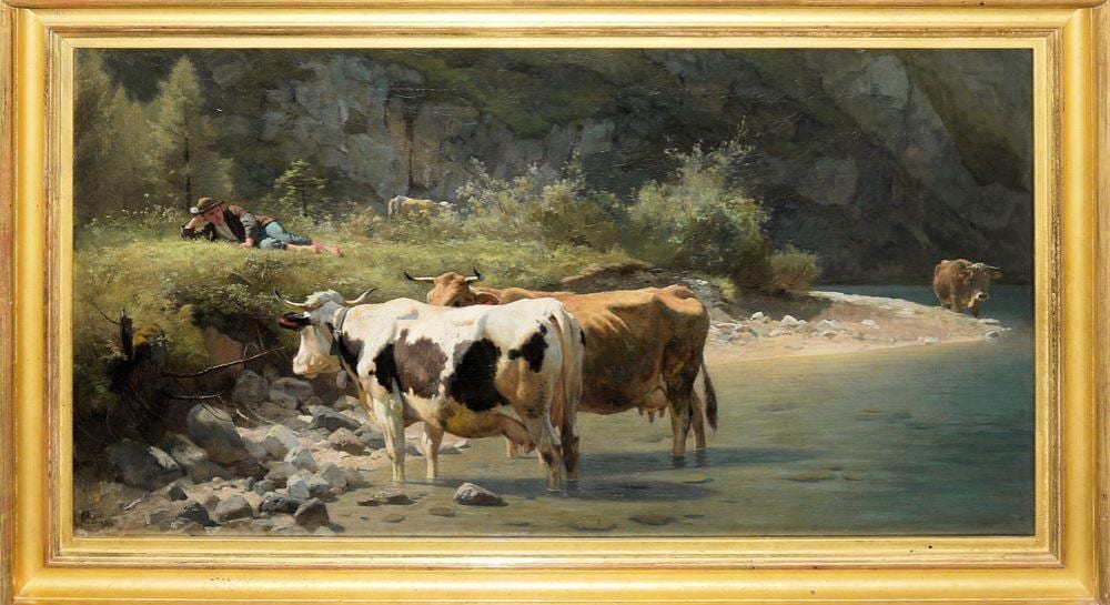 Karl Roux comparable auction result: karl roux k he an der tr nke gro es lgem lde von 1893 goldrahmen