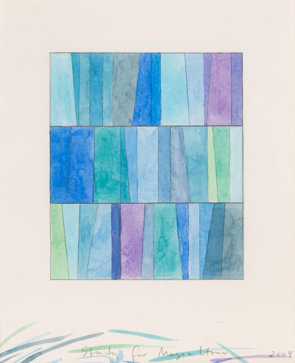 Abstract watercolor-style artwork with vertical color bands in blue, teal, green, and purple, with a handwritten note and 2004 below.