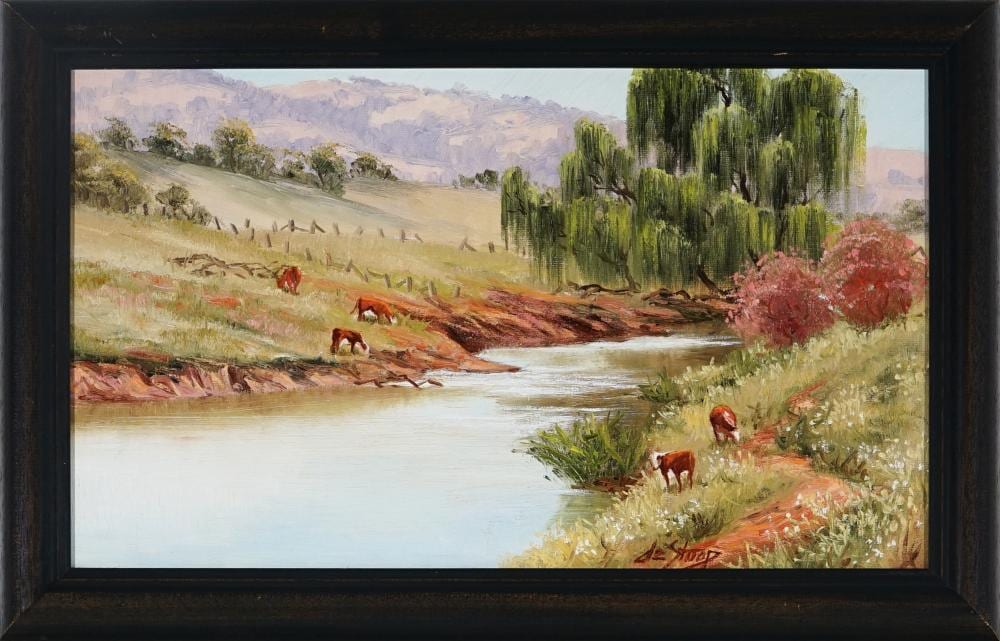 christine de stoop 1948 cattle grazing by the cudgegong river rylstone 23 x 39 5 cm frame 30 x 46 x 2 cm · Lawsons · 2020-09-03 Christine DeStoop comparable auction result: christine de stoop 1948 cattle grazing by the cudgegong river rylstone 23 x 39 5 cm frame 30 x 46 x 2 cm