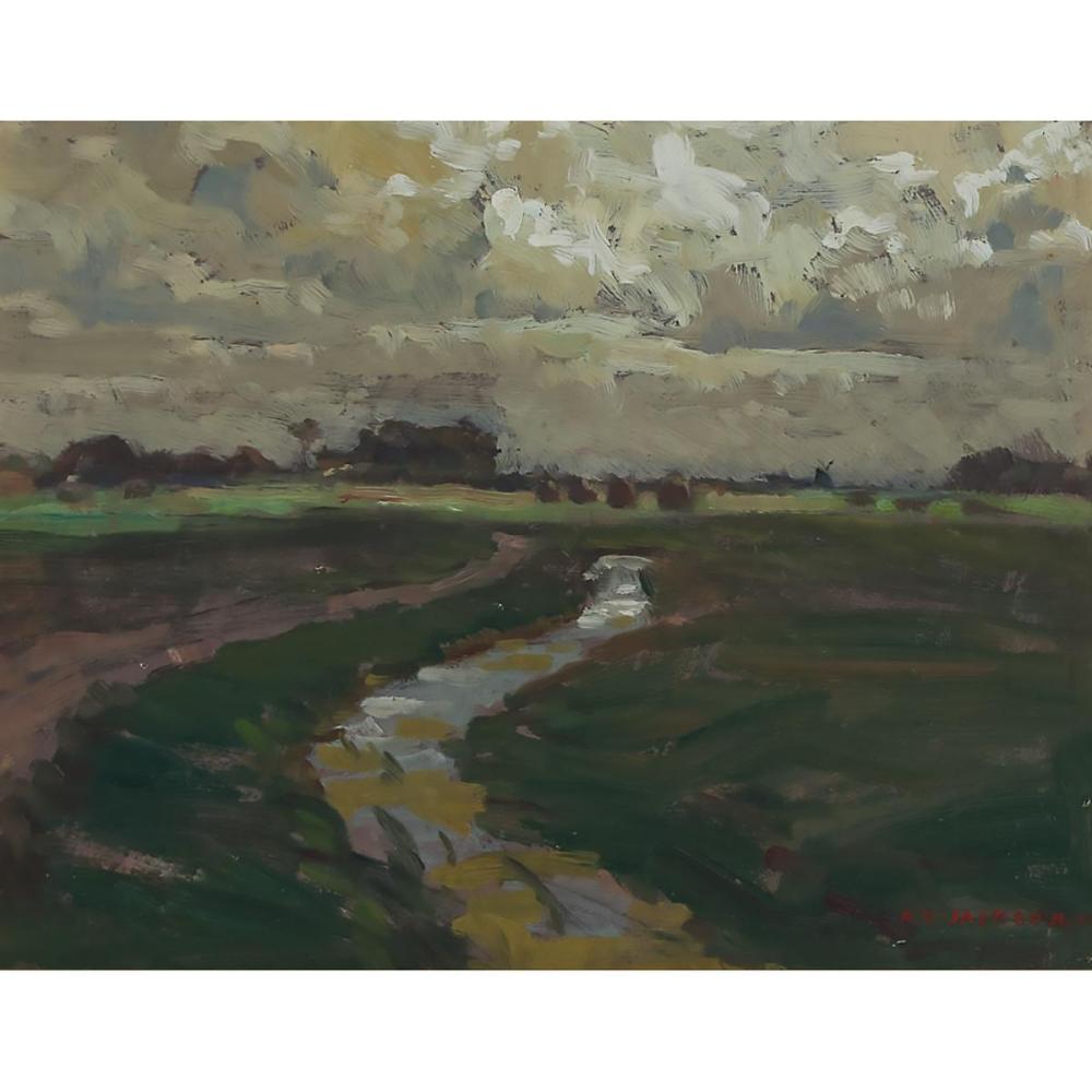 Alexander Young Jackson comparable auction result: alexander young jackson o s a r c a dutch landscape with stream 1909 oil on panel mounted to board 7 2 ins x 9 5 ins 17 8 cms x 22 9 cms