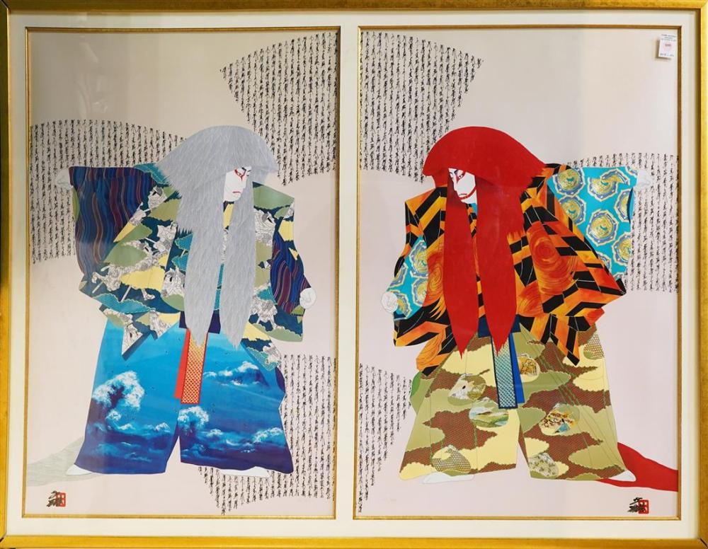 Two framed poster-style prints showing stylized female figures in colorful patterned clothing, set against a pale background with dense black text blocks.