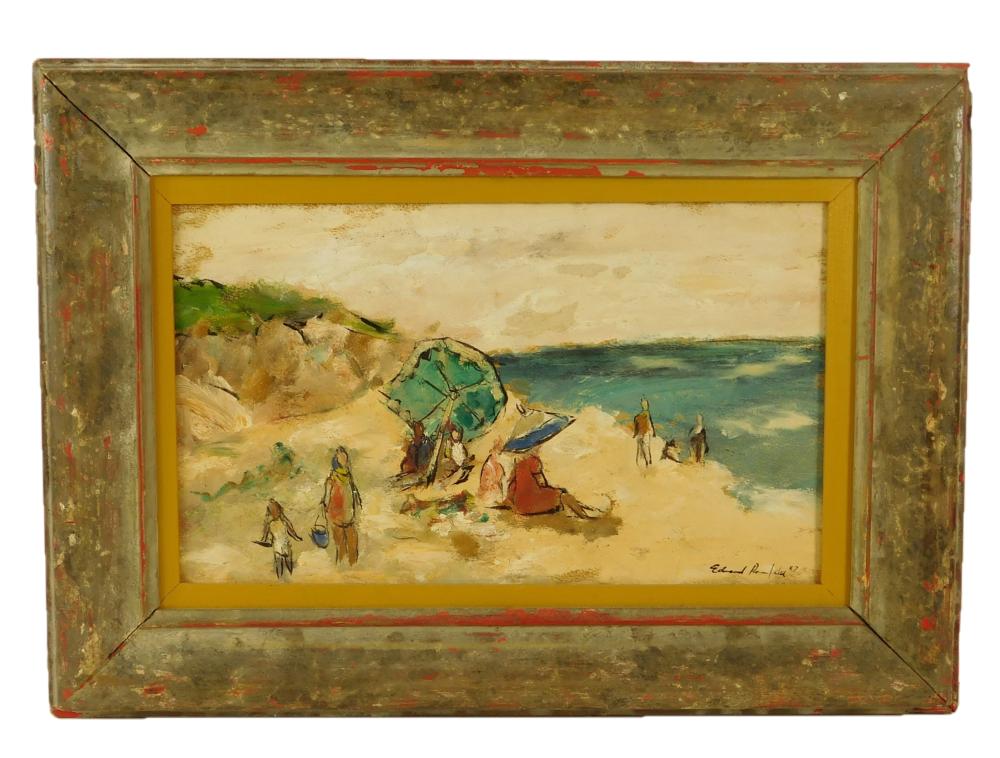 Edward Rosenfeld comparable auction result: edward rosenfeld american 1906 1983 green umbrella oil on masonite depicts stylized beach scene with a crowd of people and a