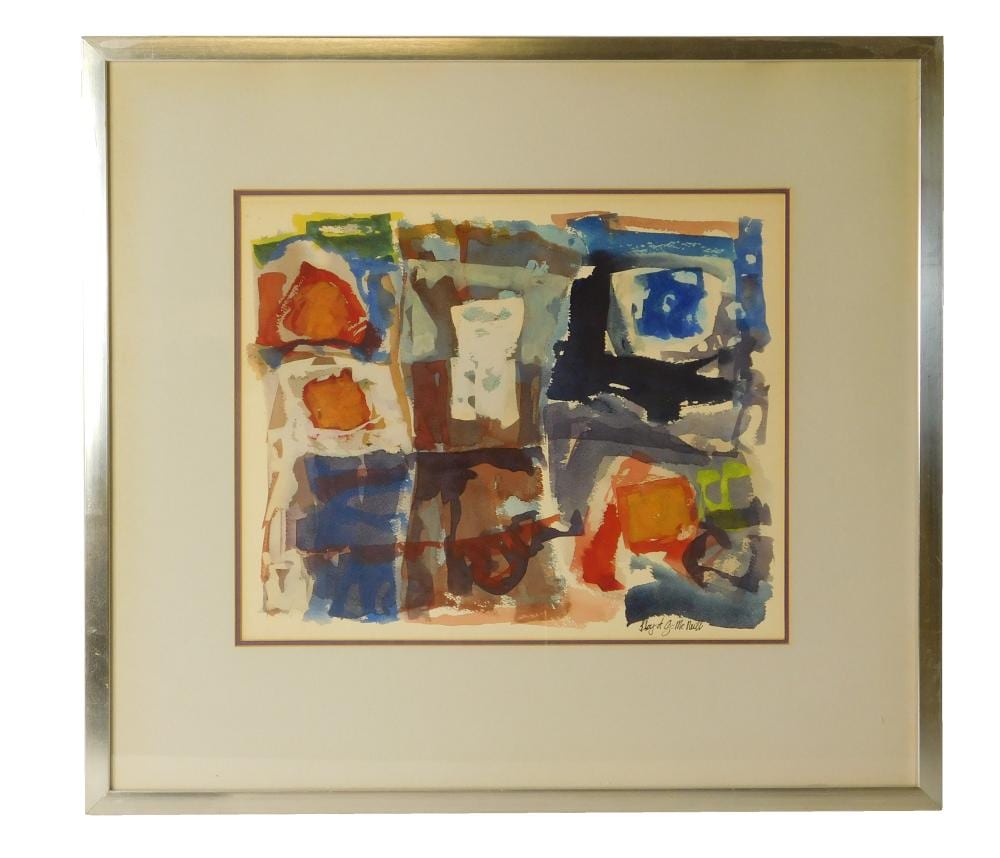 Lloyd G. McNeill comparable auction result: lloyd g mcneill american b 1935 watercolor on paper depicts abstract composition with rust blue and white squares on a blue