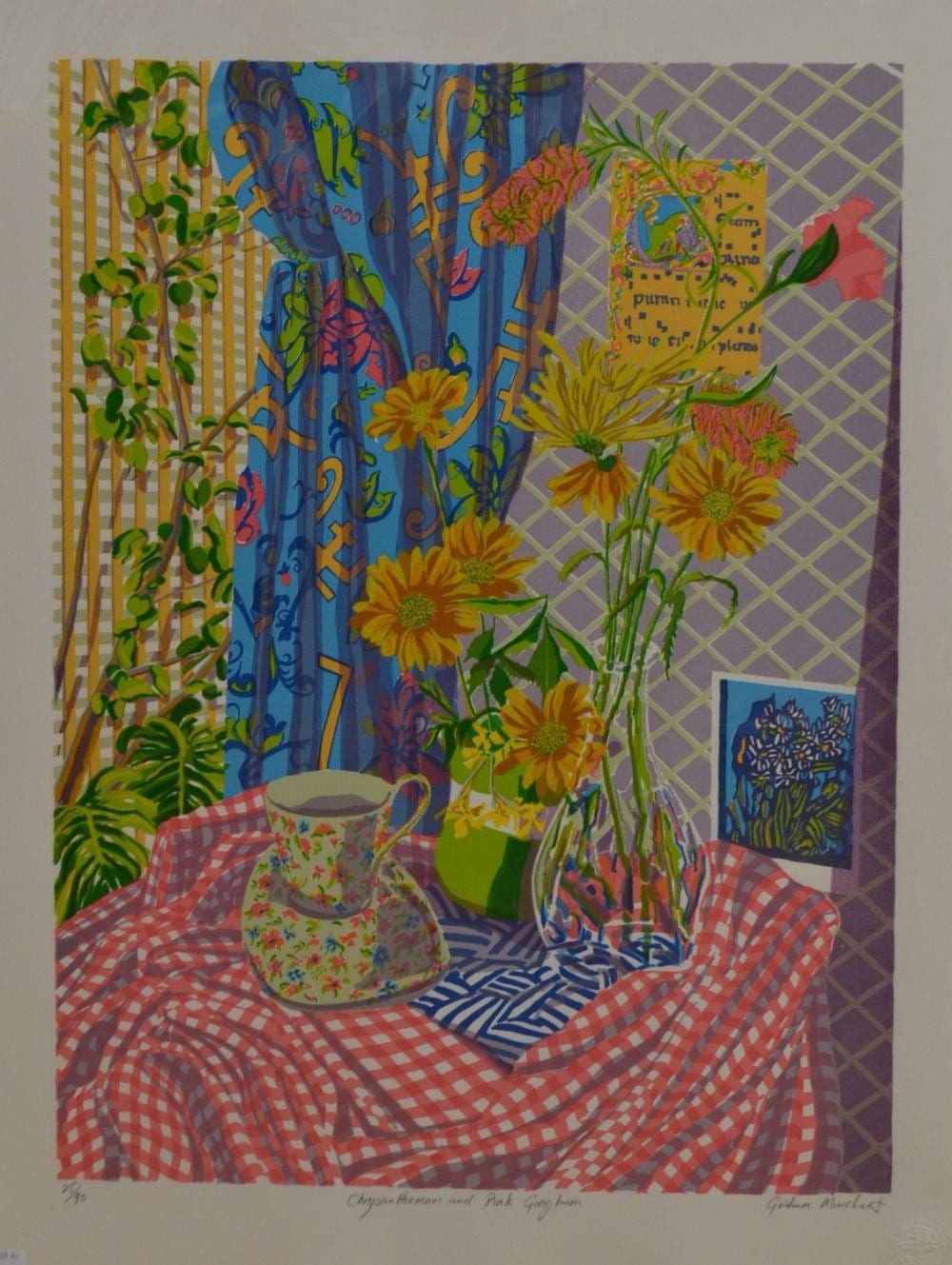 Graham Marchant comparable auction result: graham marchant chrysanthemum and pink gingham screenprint 25 90 66 x 49cm unframed but backed and wrapped for protection condi