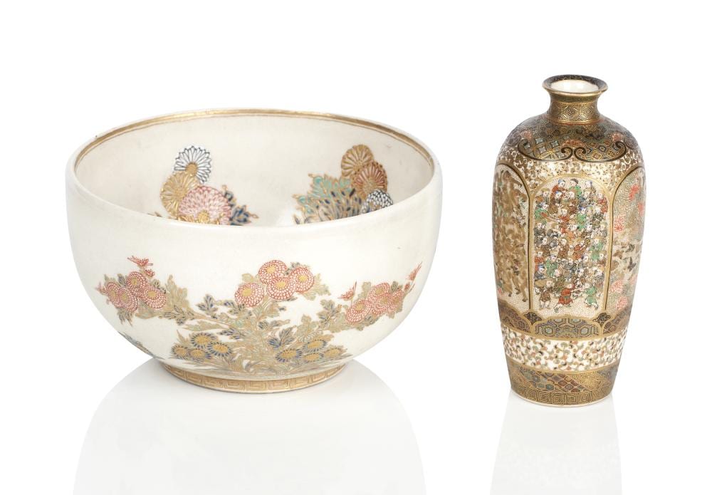 A satsuma bowl and vase sold by Bonhams, lot 600 — auction record photograph