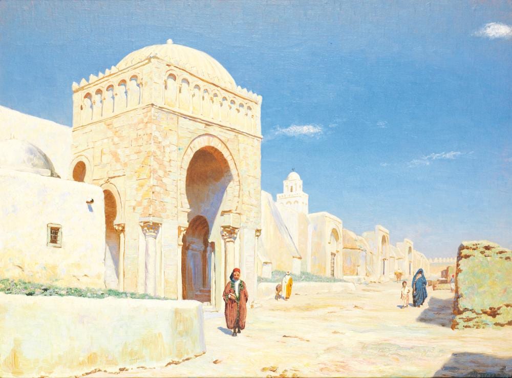 Auguste Legras comparable auction result: auguste legras 1817 1887 promeneur devant la mosqu e de kairouan strollers in front of the mosque of kairouan huile sur to