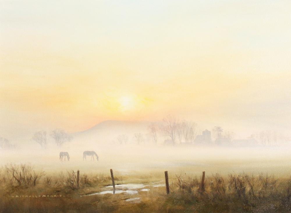 Michael Morris (b.1938). 'Sunrise at Beddingham', Oil on Canvas, Signed. 12" x 16". Provenance: E. Stacy-Marks sold by John Nicholson's Fine Art Auctioneers & Valuers, lot 1420 — auction record photograph