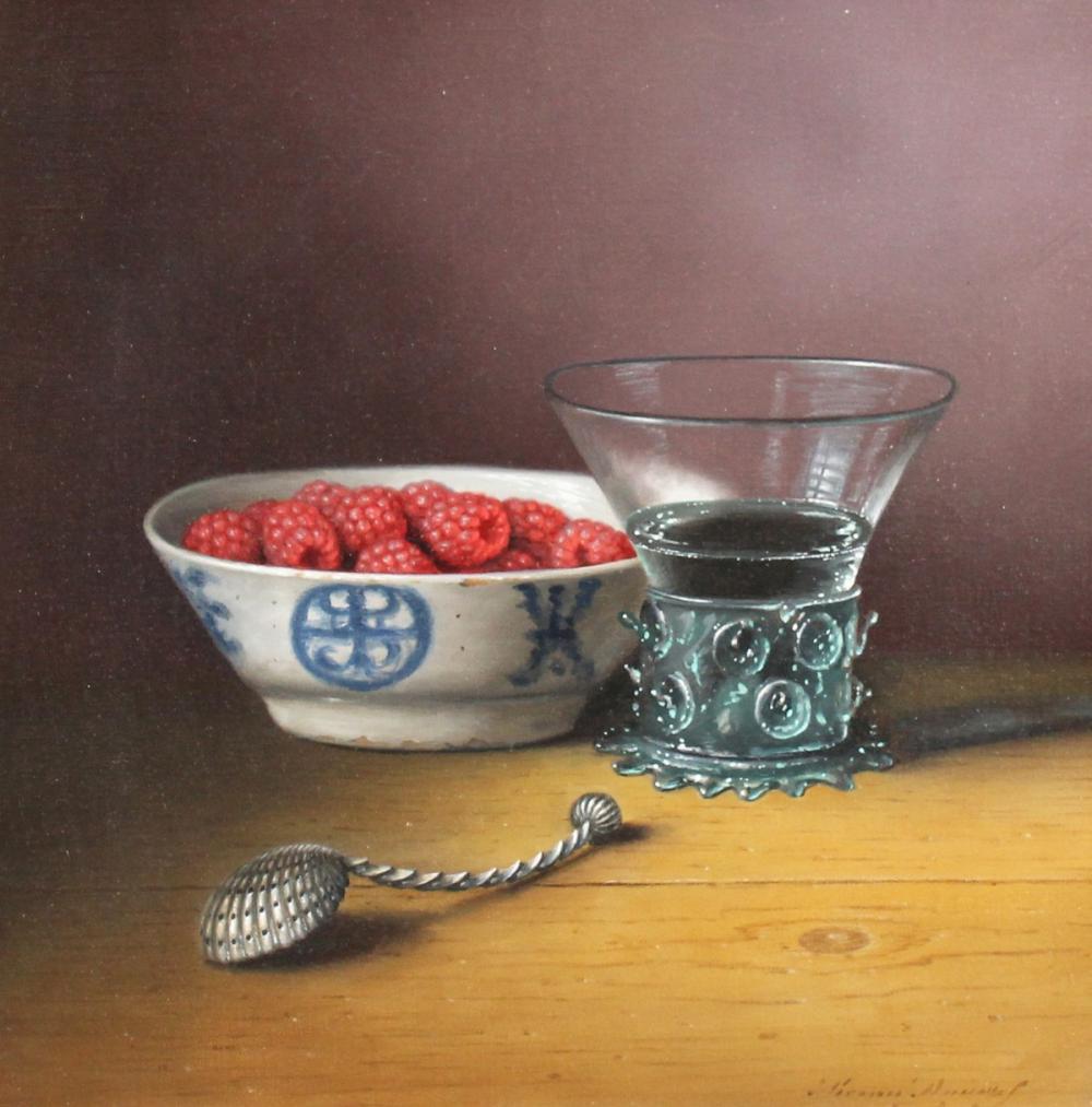 Brian Davies comparable auction result: brian davies 1942 2014 british a still life of raspberries in a blue and white bowl oil on canvas signed