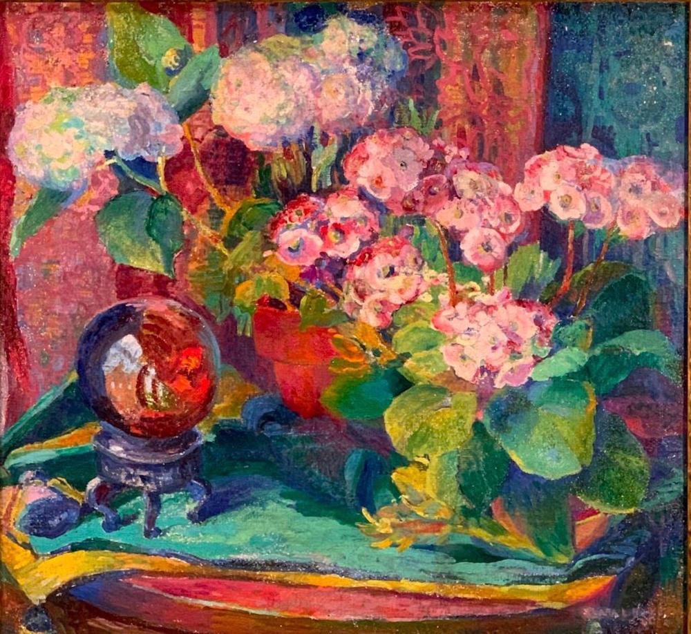Clara L. Deike comparable auction result: clara deike oil still life crystal globe and flowers 1925
