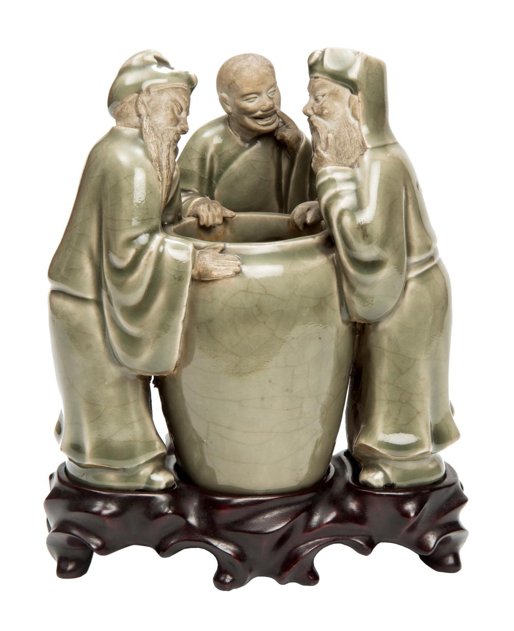 Auction comp thumbnail for CHINESE CELADON PORCELAIN “GUAN”. THE THREE VINEGAR TASTERS. CHINESE MUDMAN HANDCRAFT SCULPTED FIGURINE. (Bado e Mart, Lot 17)