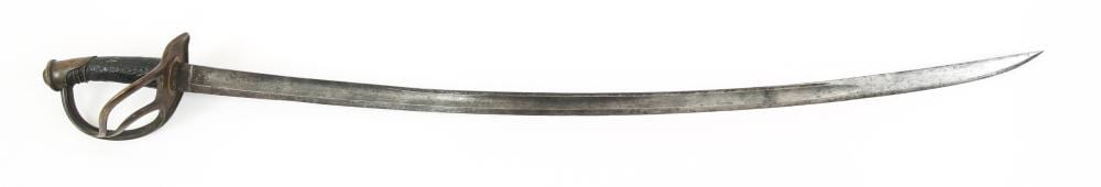 Metal cavalry saber sword with curved blade and ring-style guard, photographed against a white background.