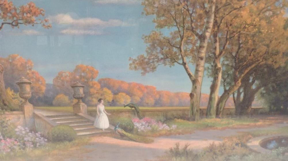 hermann rudisuhli print girl w pheasants in garden 1920 s framed lithograph · R & R Auction INC · 2020-09-27 Hermann Rüdisühli comparable auction result: hermann rudisuhli print girl w pheasants in garden 1920 s framed lithograph