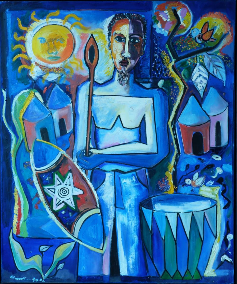 geoffrey mukasa ugandan 1954 2009 village warrior circa 2000 · Art Auction East Africa · 2020-10-21 Geoffrey Mukasa comparable auction result: geoffrey mukasa ugandan 1954 2009 village warrior circa 2000