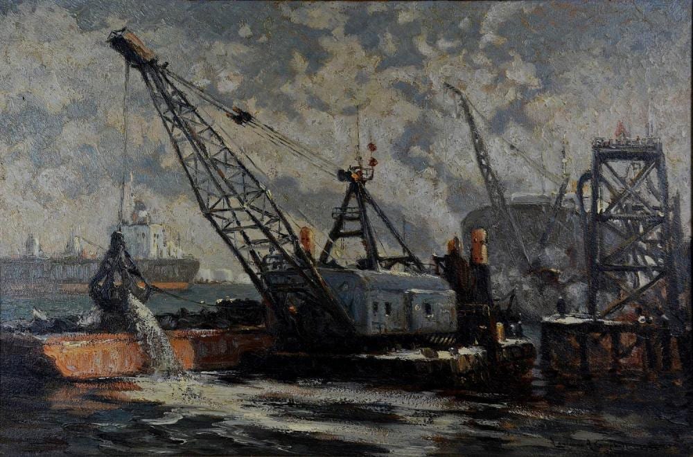 Laurence A Campbell comparable auction result: laurence a campbell american 20th c oil on canvas dredge doing pierwork for arco on the delaware river circa 1965 24 x 36