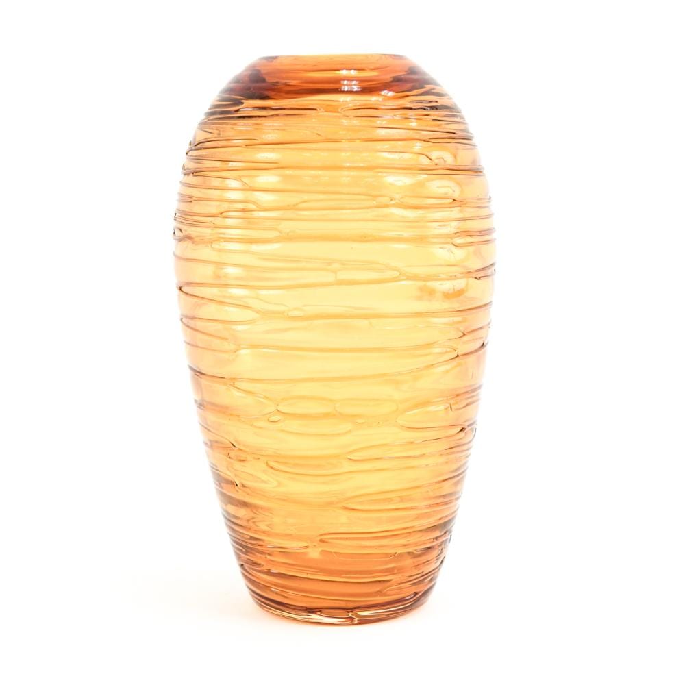 Orange and yellow glass vase with horizontal ribbing and a rounded, flared lip.