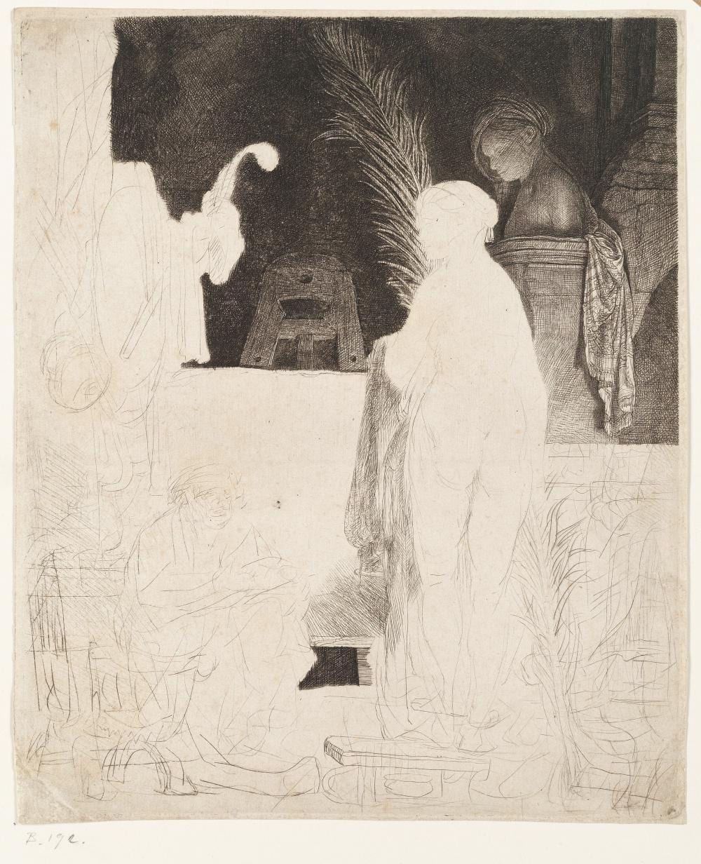 Rembrandt Harmensz. van Rijn (Dutch, 1606-1669) The Artist drawing from the Model Etching with drypoint and engraving, circa 1639, on laid, New Hollstein's third state of four, with thread margins, 235 x 187mm (9 1/4 x 7 3/8in)(PL)(unframed) sold by Bonhams, lot 3 — auction record photograph
