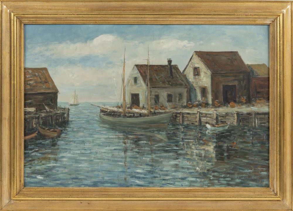 Charles E. Duncan Rodick comparable auction result: charles e duncan rodick massachusetts maine nova scotia 1874 c 1940 dock scene oil on artist board 20 x 30 framed 25 5 x