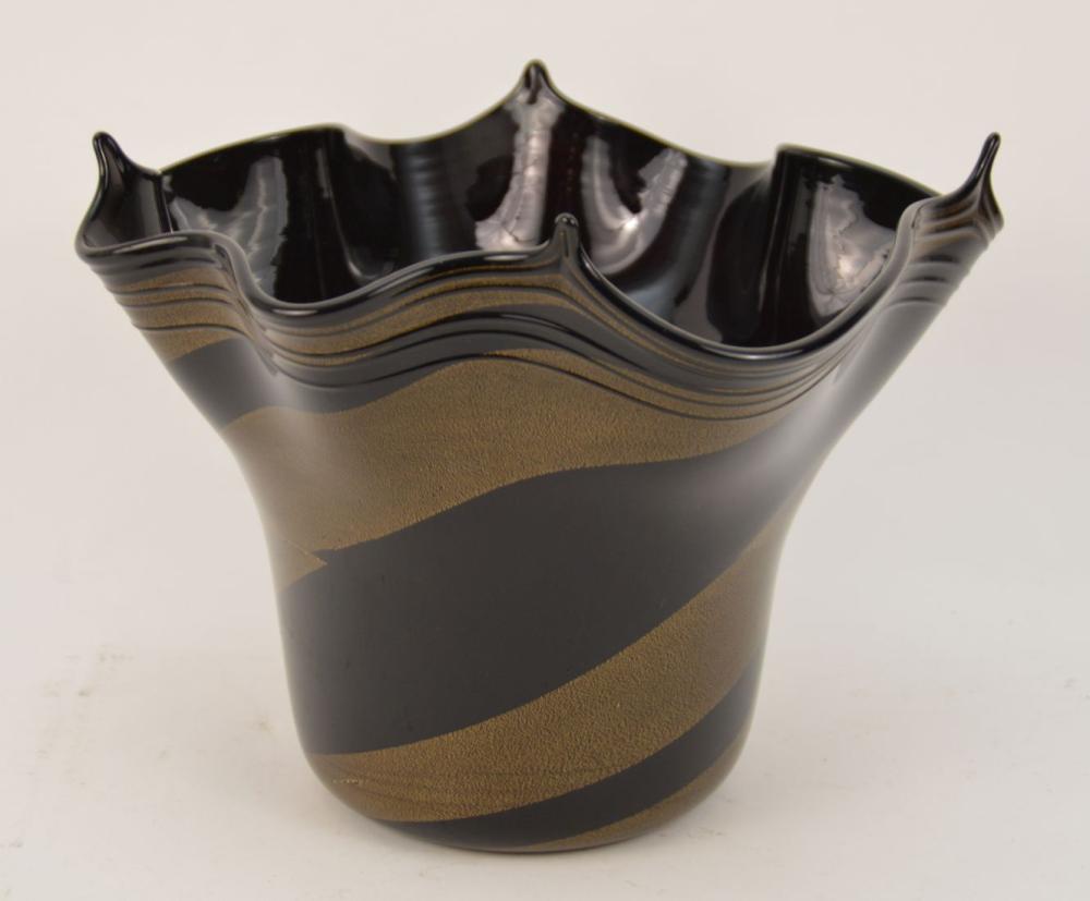 Vintage Signoretti Murano Hand Blown Art Glass Handkerchief Bowl, Black and Swirled Aventurine Gold Flecks, Signed Signoretti, 8 1/2"h x 10"w (perfect condition) sold by Bill Hood & Sons Arts & Antiques Auctions, lot 507 — auction record photograph