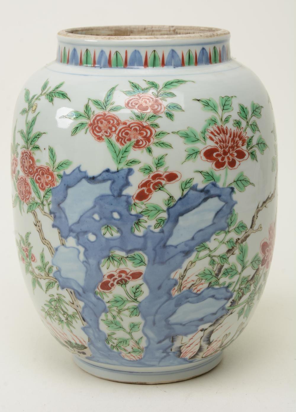 Famille Verte Jar, China, Qing Dynasty, 19/20th century, of lantern shape decorated with underglaze blue rockery and sprays of orange and green flowers. No mark. Height 11 in. sold by Tremont Auctions, lot 213 — auction record photograph