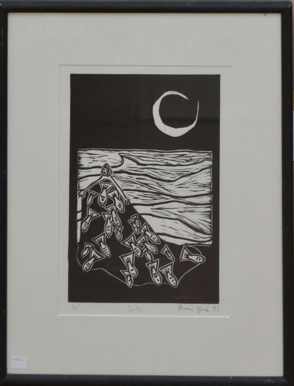Marnie Wark comparable auction result: marnie wark sircle linocut 1 10 33 x 22cm frame size 55 x 43cm condition very good leonard joel delivery size medium