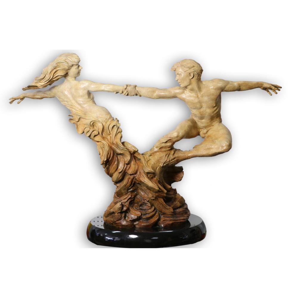 Bronze sculpture of two figures in a dynamic dance-like embrace, extending arms outward on a dark oval base.