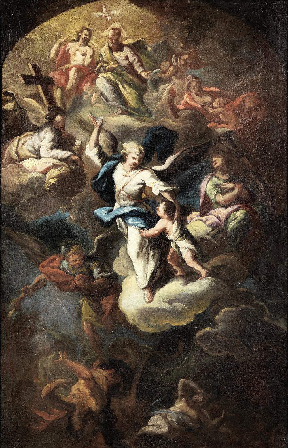 domenico mondo capodrise 1723 1806 naples ceiling bozzetto showing the holy trinity the guardian angel and the archangel michael vanquishing satan · Bonhams · 2020-10-21 Domenico Mondo comparable auction result: domenico mondo capodrise 1723 1806 naples ceiling bozzetto showing the holy trinity the guardian angel and the archangel michael vanquishing satan