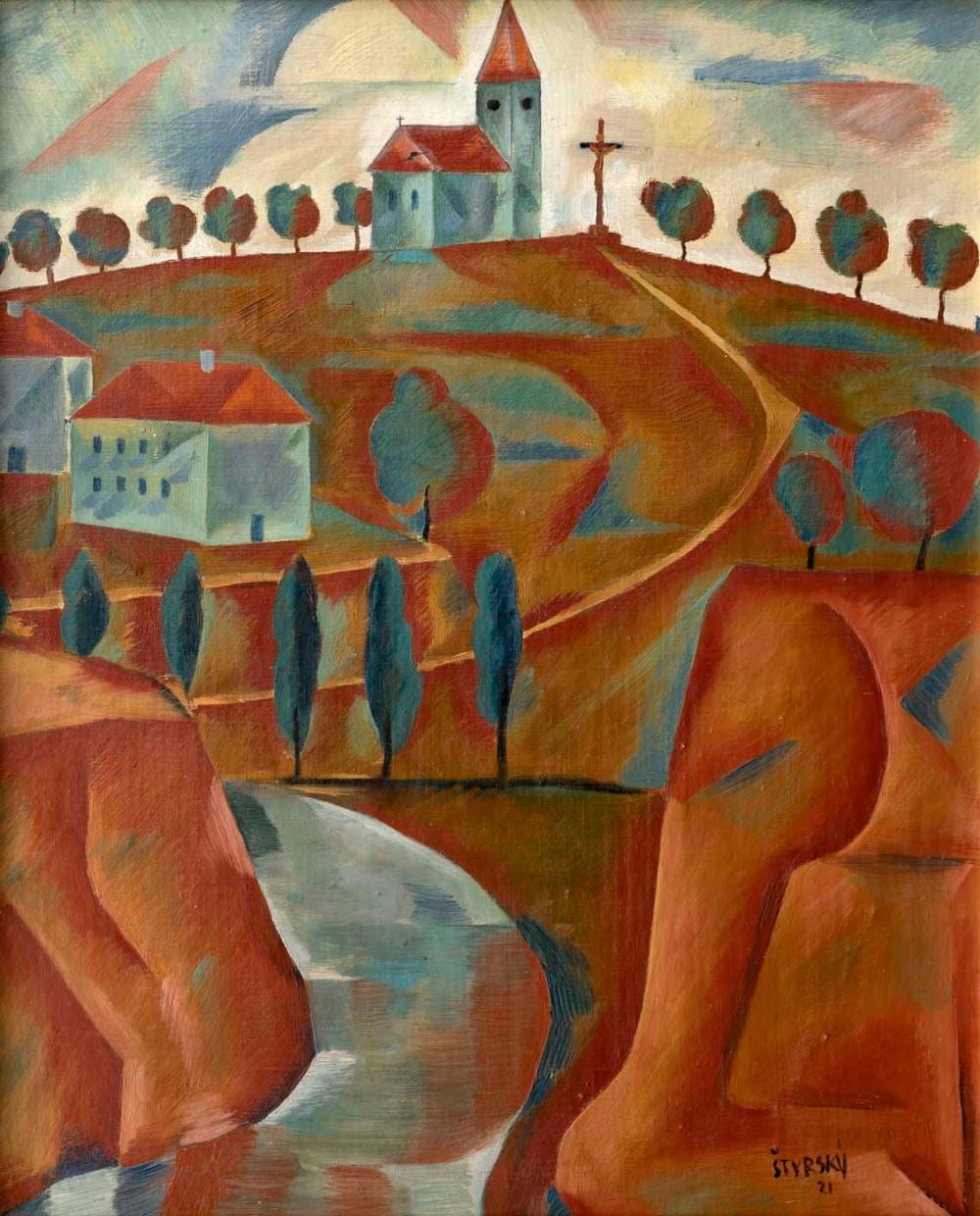 Jindřich Štyrský - Church on the Hill / Saint Sebastian (double-sided painting) comparable sale