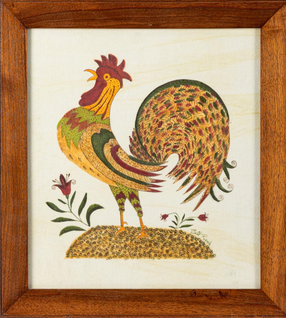 Bill Rank comparable auction result: bill rank oil on velvet theorem of a rooster