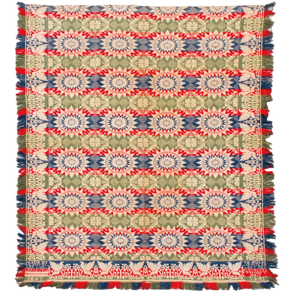 1847 Jacquard coverlet signed dated P Rasweiler Millersburg auction comp