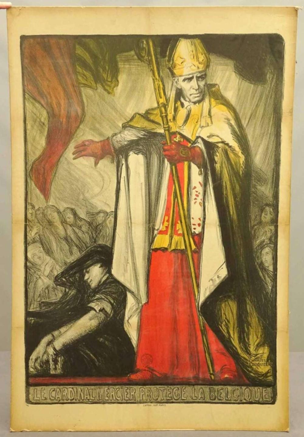 Vintage French propaganda poster showing a stern soldier holding a long sword or staff, with two kneeling figures at the bottom and French-style flag colors.