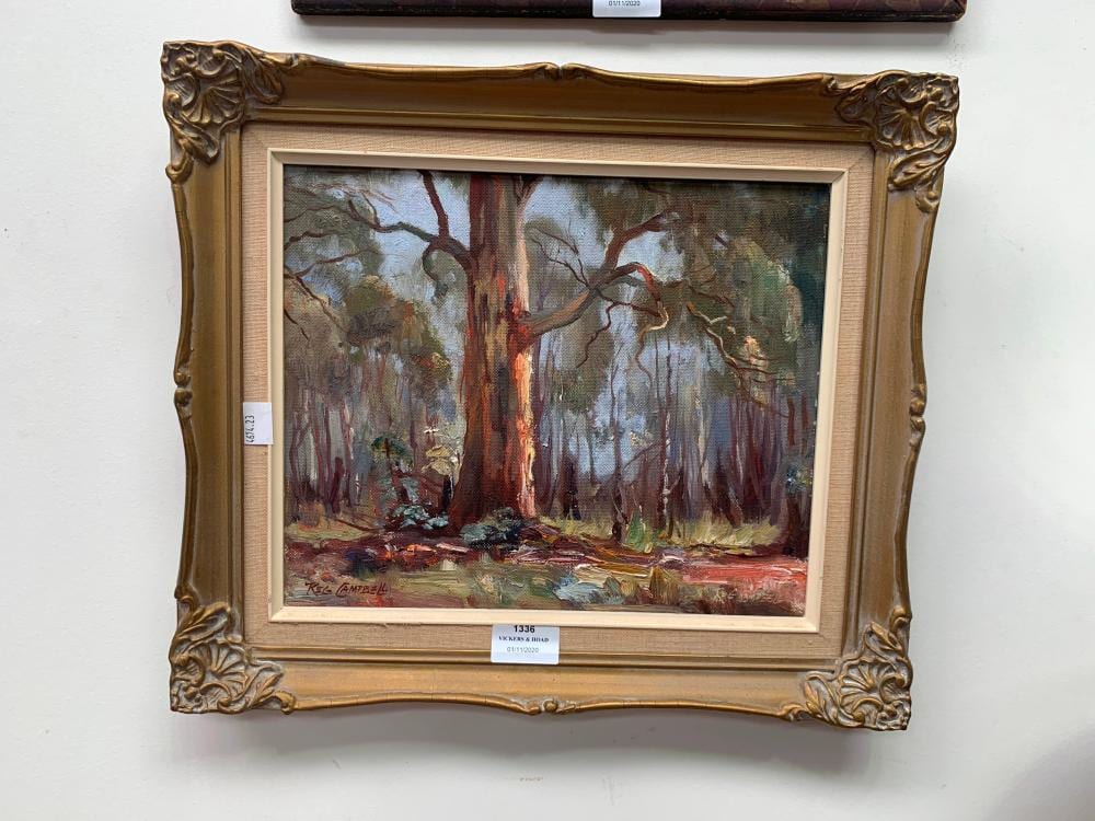 Reg Campbell comparable auction result: reg campbell shady pool meadow flat oil on board signed lower right approx 24cm x 29cm
