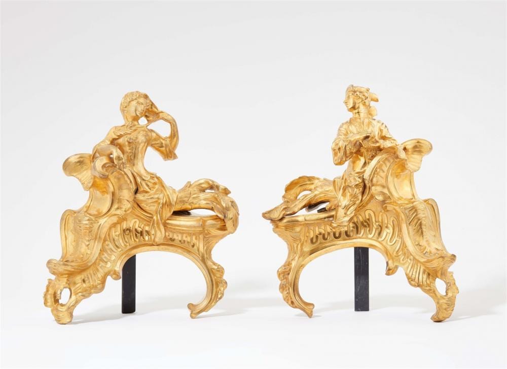 Jacques Caffieri comparable auction result: a pair of ormolu fire dogs by jacques caffi ri
