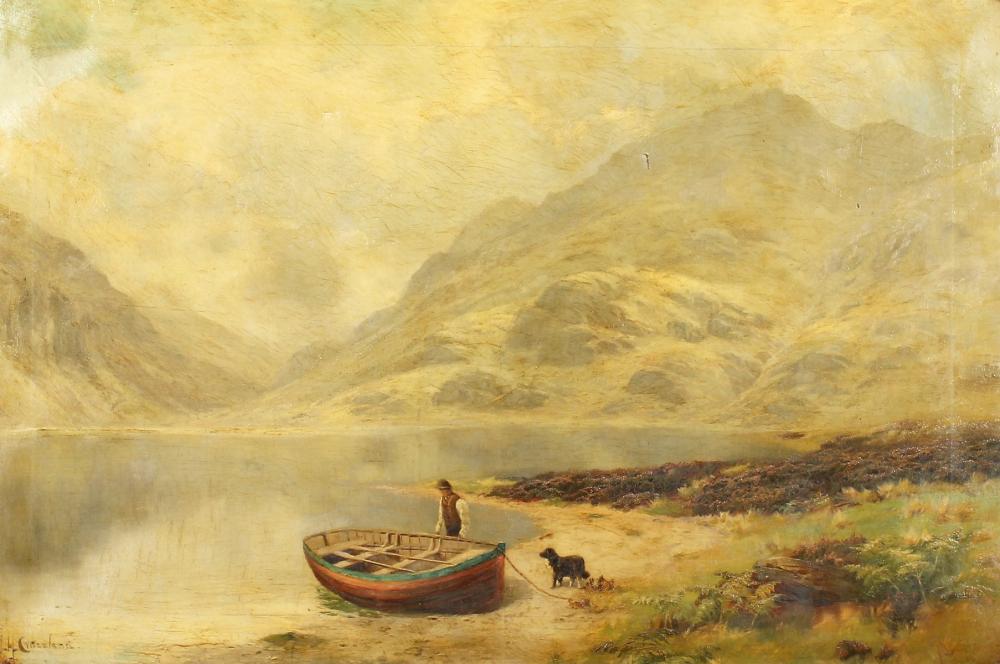 James Henry Crossland comparable auction result: james henry crossland 1852 1939 british a loch scene with a man and his dog beside a rowing boat oil on c