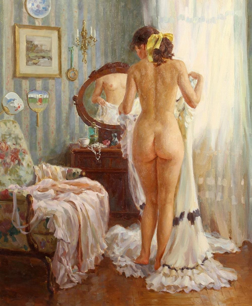 Vladislav Nagornov comparable auction result: vladislav nagornov b 1974 russian what shall i wear signed oil on canvas 21 5 x 18 55x46cm