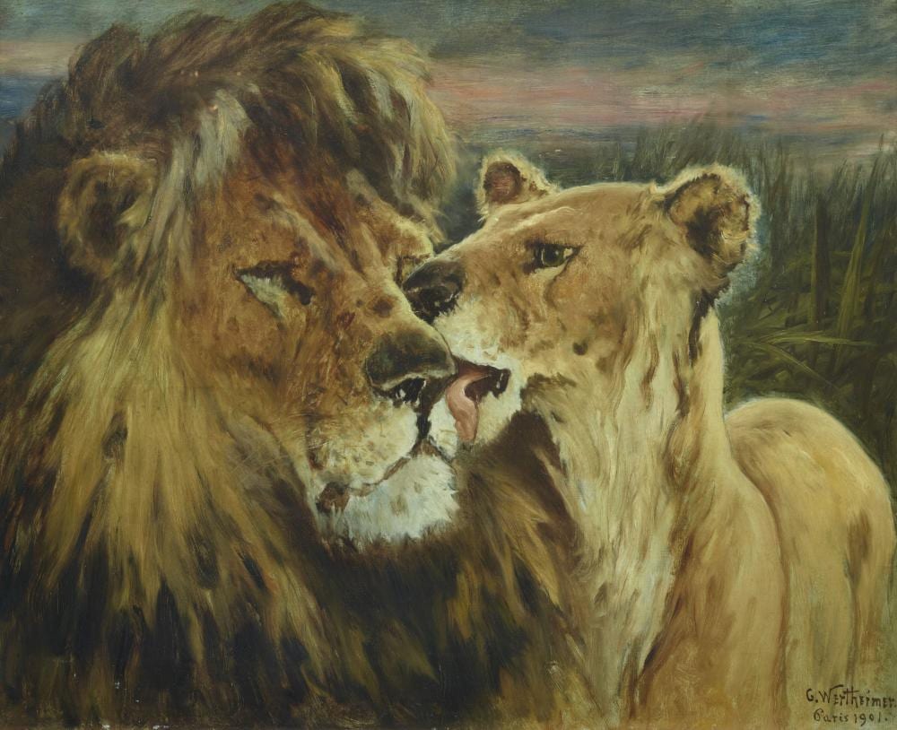 Gustav Wertheimer comparable auction result: gustav wertheimer the couple of lions and other framed pieces
