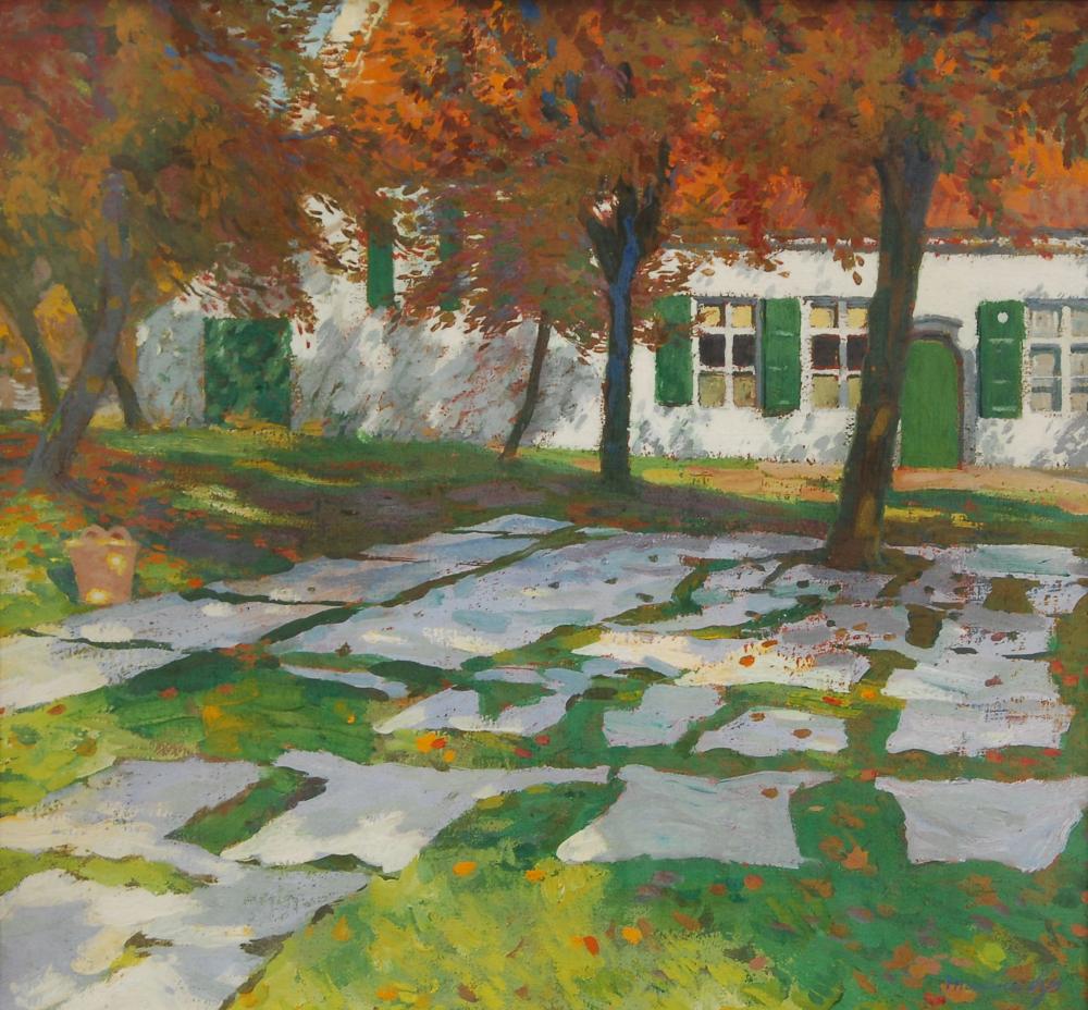 Colorful painting of a landscape with a house at right and trees over an orchard-like ground with patchy white flowers or blossoms.