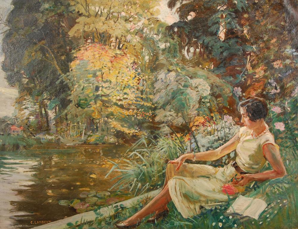 Camille Nicolas Lambert comparable auction result: camille nicolas lambert 1876 1964 la lecture le long de l tang reading along the pond