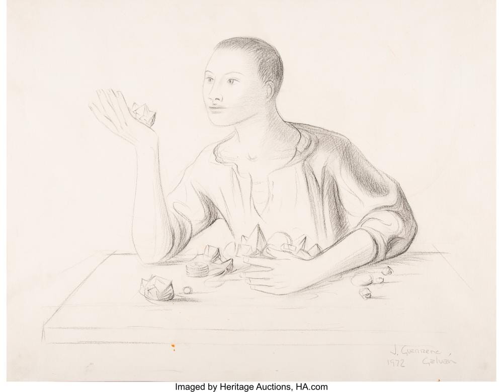 Jesús Guerrero Galván comparable auction result: jes s guerrero galv n mexican 1910 1973 boy with toys 1972 charcoal on paper